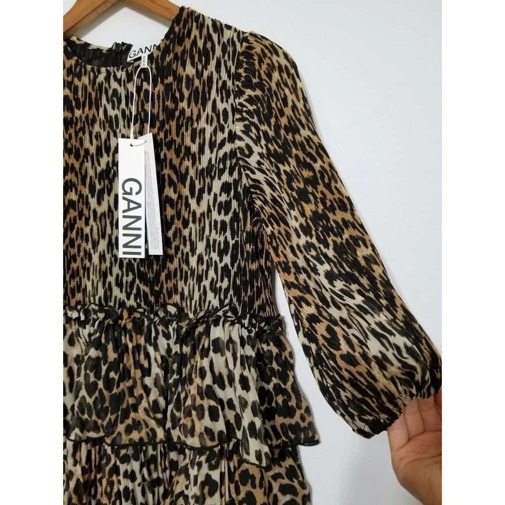 NWT Ganni Leopard Pleated Georgette Tiered Ruffle Dress 36(4), 38(6), 40(8) $235 - Picture 10 of 12
